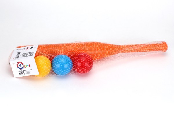 Baseballová pálka 50cm + míčky 3ks  plast 2 barvy v síťce