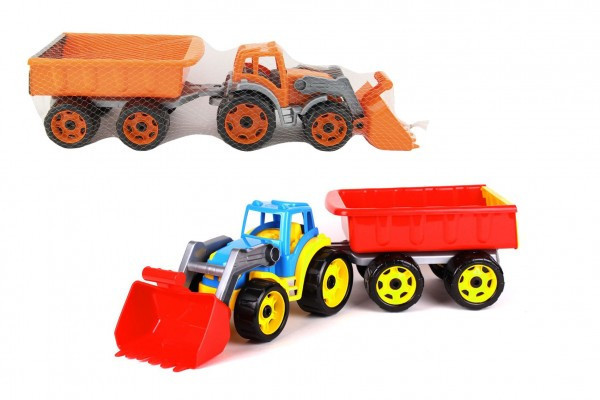 Traktor/nakladač/bager s vlekom s lyžicou plast na voľný chod 2 farby v sieťke 16x61x16cm