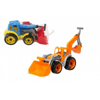 Traktor/nakladač/bager s 2 lyžicami plast na voľný chod 2 farby v sieťke 16x35x16cm