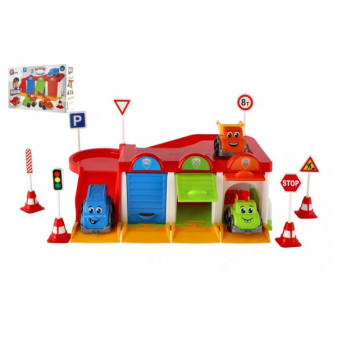 Garáž s autíčky 3ks + doplňky plast v krabici 38x25x14cm