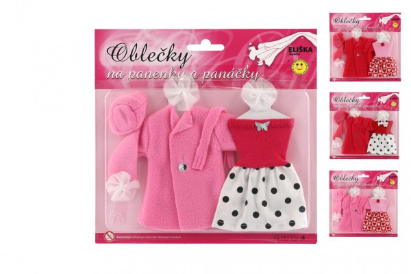 Šaty/Oblečky - šaty, kabátik a čiapky na bábiky mix druhov na karte 22x21cm