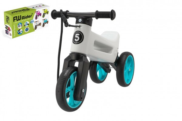 Odrážadlo FUNNY WHEELS Rider SuperSport biele/tyrkys 2v1+popruh,výš.sedla28/30cm nos.25kg 18m+vk