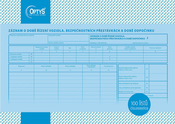 OP 1166 Záznam o době řízení vozidla a bezpečnost.přestávkach 'puťovka' číslovaný A4 100 listů