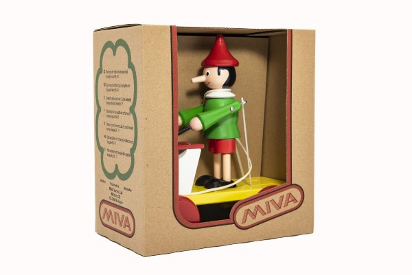 Pinokio z ksylofonem ciągnący drewno 20cm w pudełku