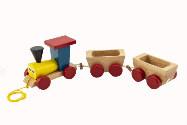 Vlak + 2 vagóniky drevo ťahacie farebný celková dĺžka 43cm v sáčku
