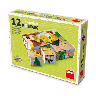 Kostky kubus Domácí zvířátka dřevo 12ks v krabičce 16x12x4cm