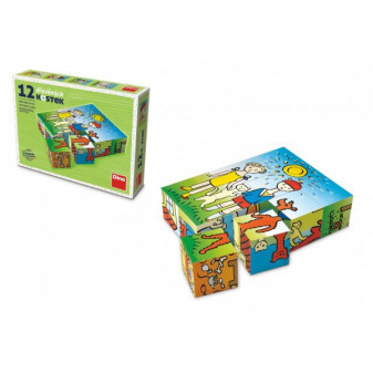 Kostky kubus Pejsek a kočička dřevo 12ks v krabičce 16x12x4cm