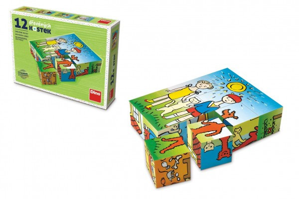 Kocky kubus Psík a mačička drevo 12ks v krabičke 16x12x4cm