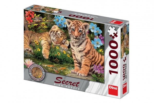 Puzzle Tigrici 12 skrytých detailov 1000 dielikov 66x47cm v krabici 32x23x7, 5cm