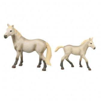 Sada koně 2 ks s ohradou šedý s bílou hřívou
