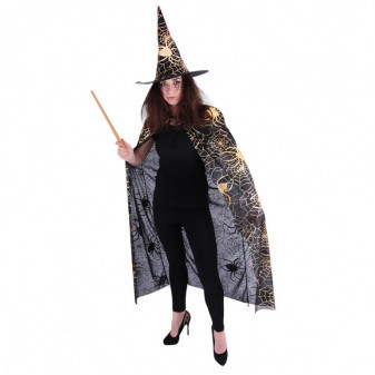Čarodejnícky plášť s klobúkom a pavučinou pre dospelých
