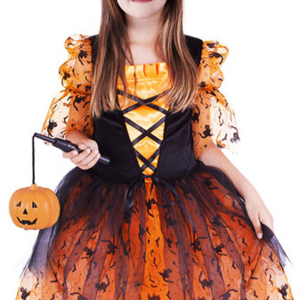 E-pakiet pomarańczowego kostiumu czarownicy/Halloween dla dzieci z kapeluszem (M)
