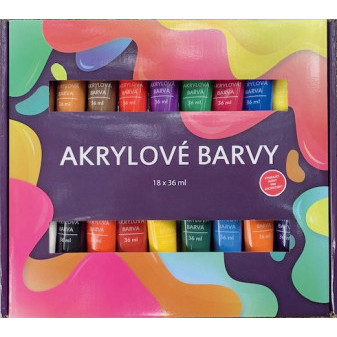 Akrylové barvy 18x36ml i na keramiku,sklo,kameny v krabičce 30x27x3cm