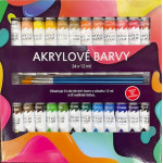 Akrylové barvy 24x12ml se štětcemi 3ks i na keramiku,sklo,kameny v krabičce 22x22x2cm