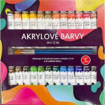 Akrylové farby 24x12ml so štetcami 3ks aj na keramiku, sklo, kamene v krabičke 22x22x2cm