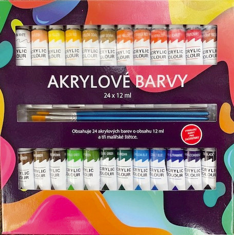 Farby akrylowe 24x12ml z 3 pędzlami również do ceramiki, szkła, kamieni w pudełku 22x22x2cm