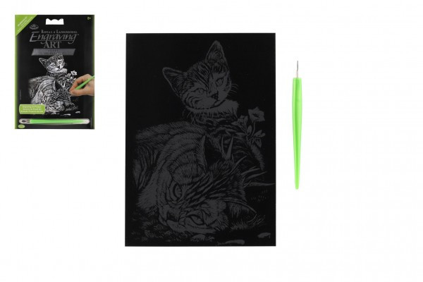 Škrabací obrázok strieborný Mačička a mačiatko 12,5x18cm na karte