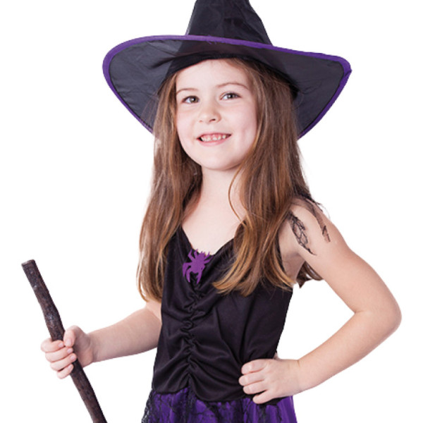 Fioletowy kostium wiedźmy dla dziecka z kapeluszem (S) w wersji elektronicznej