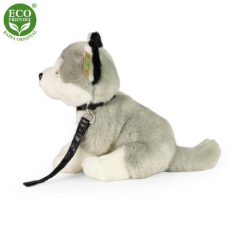 Siedzący pluszowy pies husky ze smyczą 28 cm EKOLOGICZNY