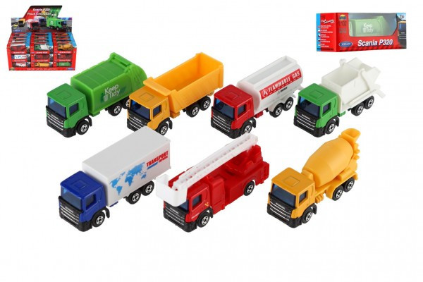 Auto nákladní Welly Scania kov/plast 7,5cm 6 druhů v krabičce 10,5x4x4cm 36ks v boxu