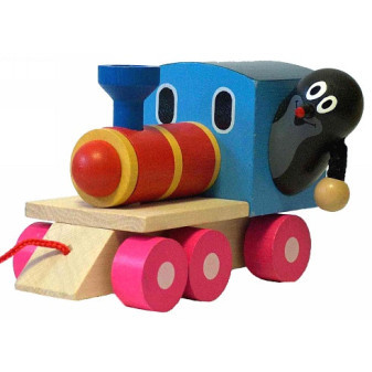 Krtek a mašinka/vlak dřevo 12cm tahací v krabičce