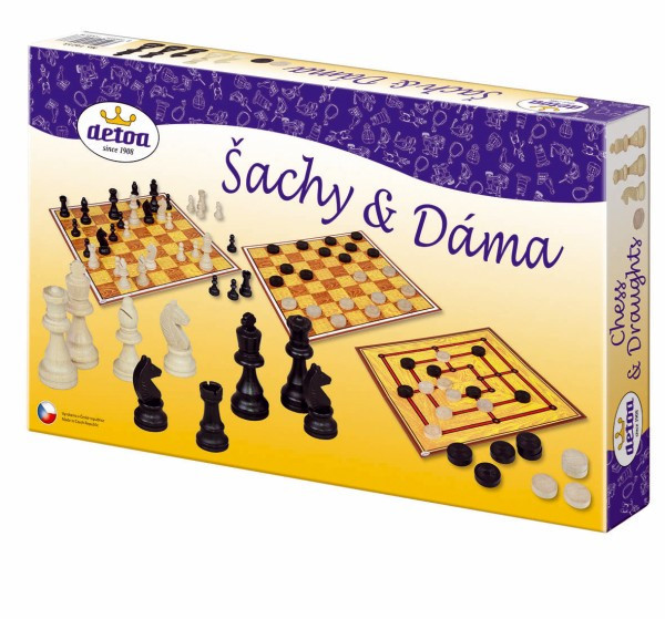 Šachy,dáma, mlýn dřevěné figurky a kameny společenská hra v krabici 35x23x4cm
