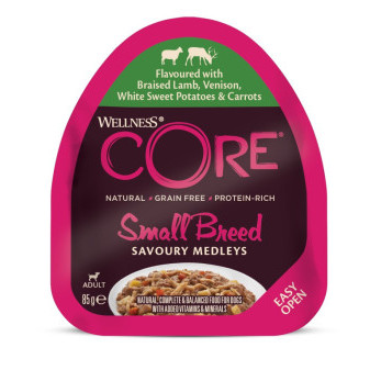 Konzerva Wellness Core Dog Savoury Medleys Adult Small jahňa, teľacie, batáta a mrkva 85g