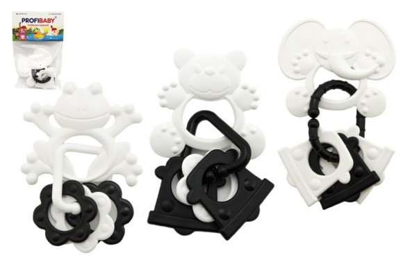 Gryzaki zwierzęce + zawieszki plastikowe czarno-białe 9cm 4 rodzaje w woreczku 0m+