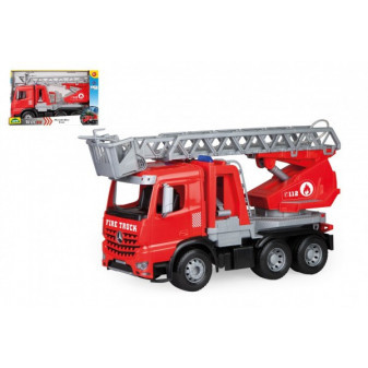 Wóz strażacki Mercedes-Benz Arocs 47cm z drabiną plastikową rozpylającą wodę w skrzyni 50x30x20cm