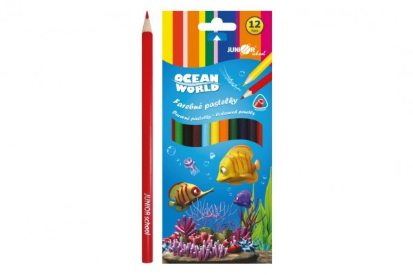 Kredki kolorowe drewno Ocean World trójkątne 12 szt w pudełku 9x20,5x1cm 12 szt w pudełku