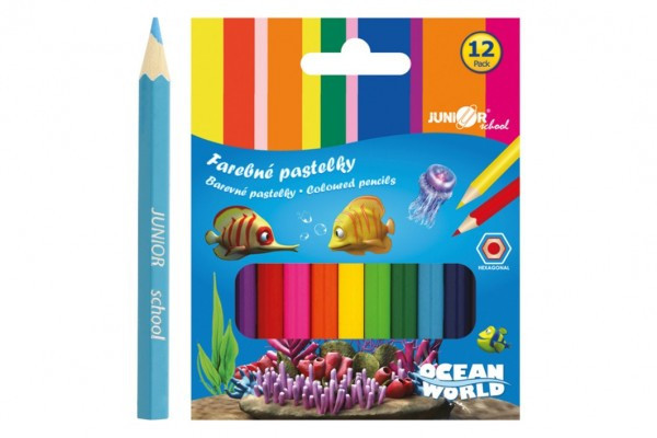 Pastelky farebné drevo krátke Ocean World šesťhranné 12 ks v krabičke 9x11,5x1cm 12ks v krabici