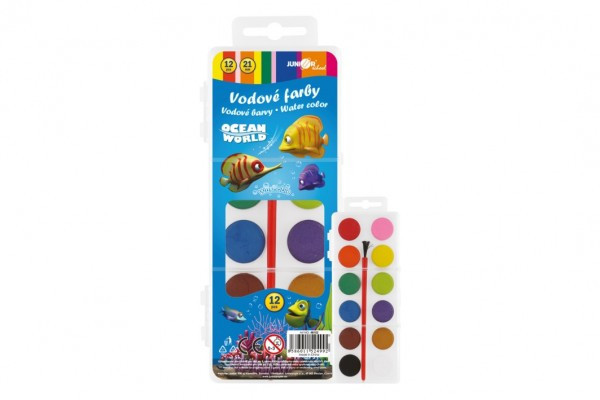 Vodové farby so štetcom Ocean World 12 farieb/21mm v plastovej krabičke 7x18x1cm v sáčku