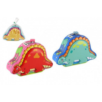 Pokladnička dinosaurus plechová se zámkem 18x13cm 3 barvy v sáčku