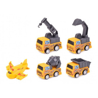 Stavební stroj mini 4ks+letadlo plast 5-7cm na zpětné natažení v blistru 23x22cm