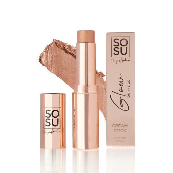 SOSU Cosmetics Glow on the go Tvářenka v tyčince se třpytky Coral, 7g