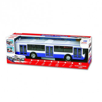 Autobus czeskojęzyczny plastikowy 28cm niebieski wolnobieżny na kiju. ze światem z dźwiękiem w krabie. 33x11x10cm