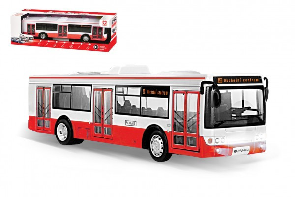 Autobus česky mluvící plast 28cm červený na zpětné natažení na bat. se světem se zvukem v krabic