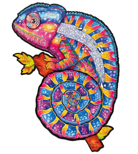 DREVENÉ FAREBNÉ PUZZLE - Hypnotický chameleón