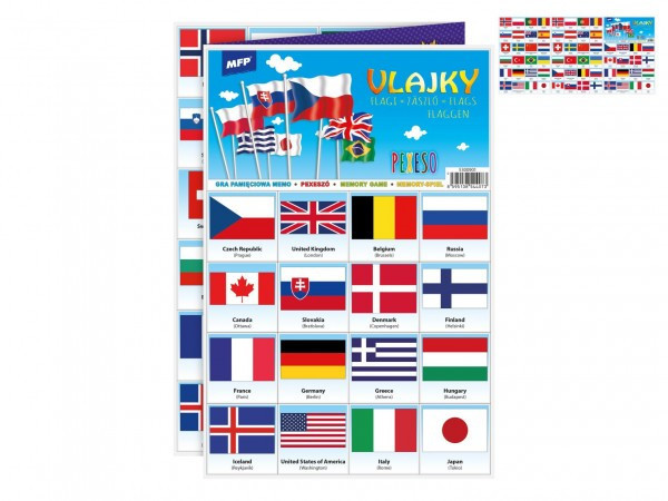 Pexeso papierové Vlajky spoločenská hra 32 obrázkových dvojíc 21x30cm