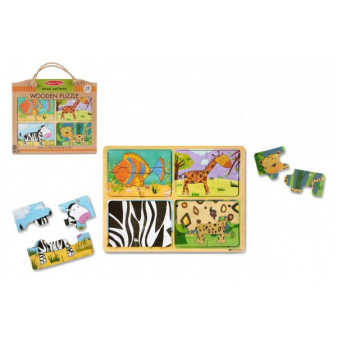Drewniane puzzle planszowe na podróż Zwierzęta 16 szt w papierowej torbie 31x27,5x1cm 2+