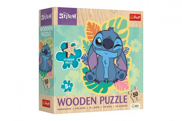 Puzzle dřevěné nepravidelné tvary Lilo a Stitch 50 dílků 19,8x25,8cm v krabici 20x20x6cm