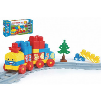 Baby Blocks vlak s kolejemi a stavebnicí plast délka dráhy 1,45m s doplňky v krabici 42x21x8cm 1