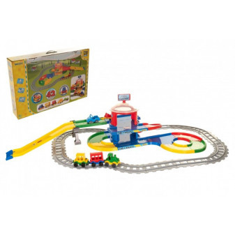 Play Tracks - vlak s kolejemi plast 4ks autíček,délka dráhy 6,4m s doplňky v krabici 80x53x14cm