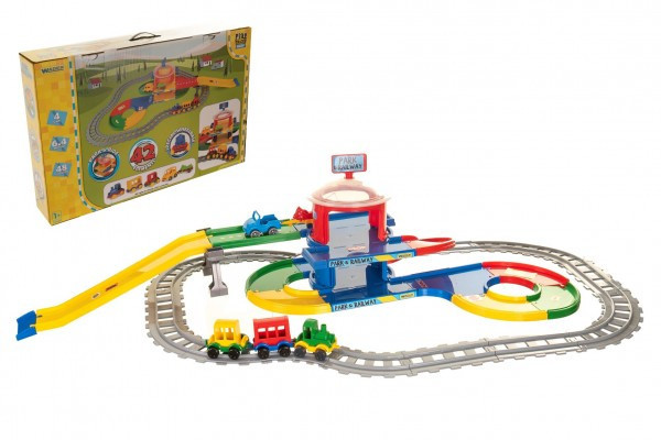 Play Tracks - vlak s koľajami plast 4ks autíček, dĺžka dráhy 6,4m s doplnkami v krabici 80x53x14cm