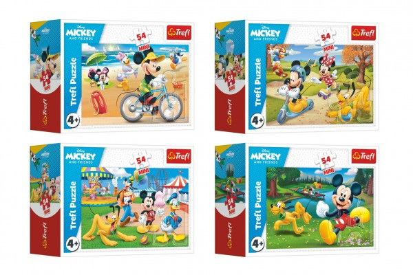 Minipuzzle 54 dielikov Mickey Mouse Disney/ Deň s priateľmi 4 druhy v krabičke 9x6, 5x4cm 40ks v boxe