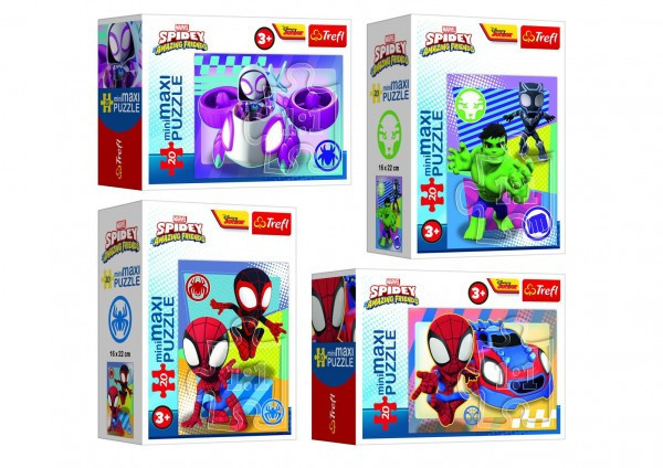 Minipuzzle miniMAXI 20 dílků Spidey a jeho úžasní přátelé 4 druhy v krabičce 11x8x4cm 24ks v box