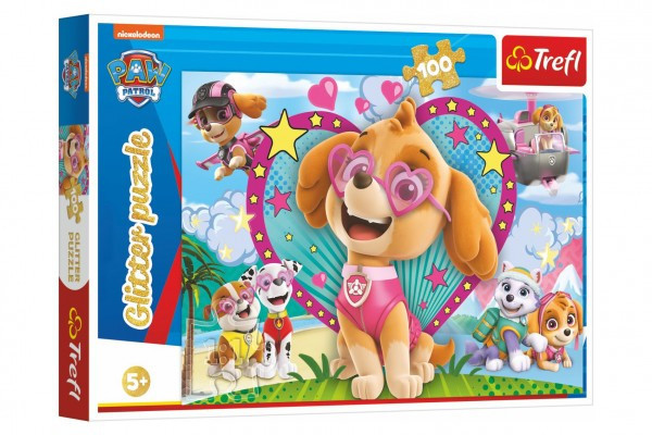 Puzzle Paw Patrol/Tlapková patrola trblietavé 100 dielikov 48x34cm v krabici 33x23x4cm