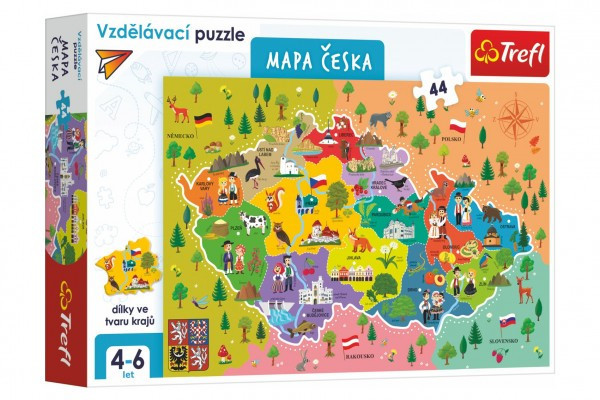 Vzdelávacie puzzle mapa Českej republiky 44 dielikov 60x40cm v krabici 33x23x6cm