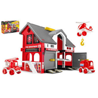 Play House - Požární stanice plast + 2ks aut + 1ks helikoptéra v krabici 59x39x15cm