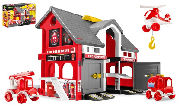 Play House - Plastikowa remiza strażacka + 2 samochody + 1 helikopter w pudełku 59x39x15cm